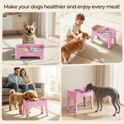 URPOWER Mess Proof Elevated Dog Bowls 4 Height Adjustable Raised Bowl Stand with 2 Stainless Steel Dog Bowls Non-Slip Food and Water Bowl Set for Small Dogs, Pink - color: Pink, size: Small