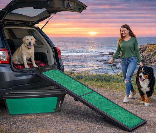 Pet Gear Travel Lite Ramps for Dogs and Cats, Green Trax - supertraX | Compact Easy-Fold, Lightweight and Portable, Built-In Carry Handle, Supports 150 lbs, 66" x 16" - color: Green Trax- supertraX