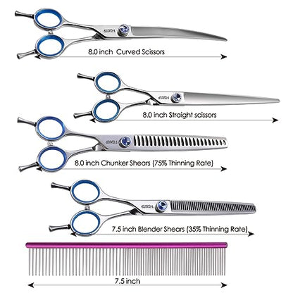 Left Handed Dog Grooming Scissors Kit 8 in Professional Curved Thinning Straight Shear 3pcs Set for Grooming Big Dogs Poodle Pet Japan 440C Stainless Steel(8.0'' Kit, 4Pcs) - size: 8.0 inch, style: 4 Pcs Kit