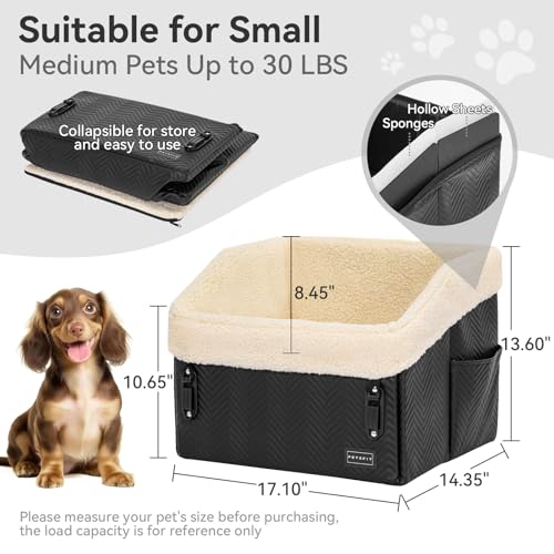 PETSFIT Small Dog Car Seat, Waterproof PU Leather Dog Booster Car Seat with Patented Safe Buckles, Detachable Washable Cushion, 2 Storage Pockets, Dog Car Seat Medium Sized Dog up to 30 lbs (Black) - color: Black