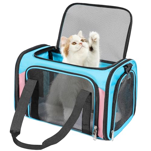Discala Cat Dog Carrier Up to 15 Lbs TSA Airline Approved Pet Carrier for Small Medium Cats Puppies Dog Carriers for Small Dogs Collapsible Soft Sided Cat Travel Carrier - Blue&Pink 17"x11"x11" - color: Blue&Pink
