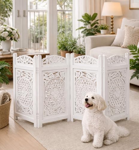 Pet Gate indoor Foldable in Raise Wood-4 Panel Dog Safety Gate, 56"W x 28"H, Hand-Carved Solid Wood & MDF, Free Standing Portable Indoor gate for doorways,Halls,Stairs-Fully Assembled, Antique White - color: White, size: 56"x28" Mulsory 4 Panels