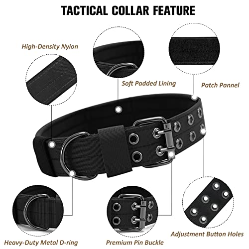 Tactical Dog Collar Military Adjustable Dog Collars Soft Nylon Training Collar with Patch Heavy Duty Metal Buckle Collars for Medium Large Dogs (Black-1, XL) - color: Black-1, size: XL