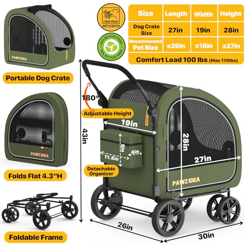 PAWZIDEA 3-in-1 Dog Stroller for Large Dogs with Detachable Carrier, 45% Extra Tall Dog Car Crate up to 100lb Sit Upright, Foldable Pet Stroller for 2 Medium Dogs All-Terrain Jogger, Adjustable Handle - color: Forest Green
