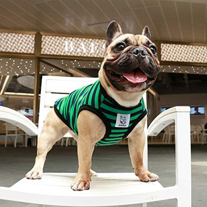iChoue French Bulldog 100% Breathable Cotton Striped T Shirts Halloween Vest Clothes for Medium Dogs Tank Tops Frenchie Pug English Boston Terrier Pitbull Green Black Stripes - Large Plus - color: Classic Stripe Black Green, size: Large Plus ( 35 - 45 lbs