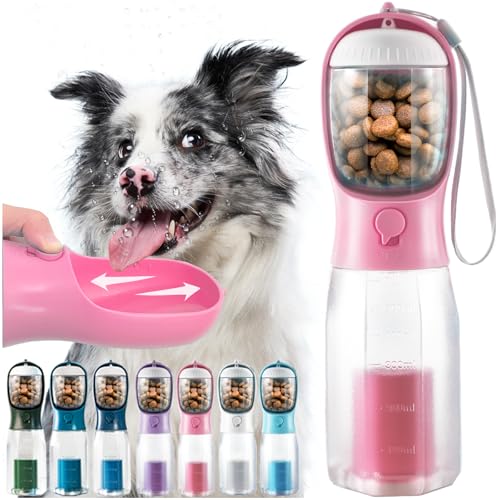 Portable Water Bottle for Dogs, 3 in 1 Pet Travel Bowl Dispenser with Food Treat Container & Poop Bag Holder, Summer Outdoor Walking Hiking Accessories for Large Dog On The Go - Pink, 20oz - color: Pink, size: 20oz