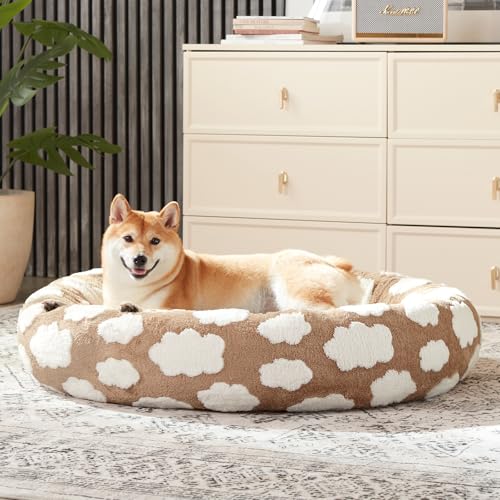 JOEJOY Donut Large Dog Bed, Cute Round Calming Dog Bed with Removable Washable Cover, Orthopedic Pet Beds with Jacquard Shaggy Plush & Non Skid Bottom, Black - color: Brown, size: L (36x36x10)