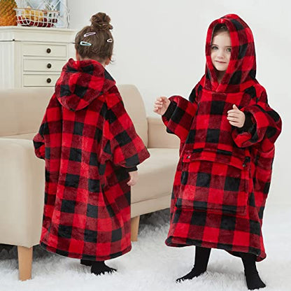 KFUBUO Wearable Blanket Hoodie for Kids Toddlers Sherpa Blanket Sweatshirt With Pocket Cute Hoodies 2-6 Year Old Girl Boy Red Plaid - color: Red Plaid, size: Kids 2-6YR