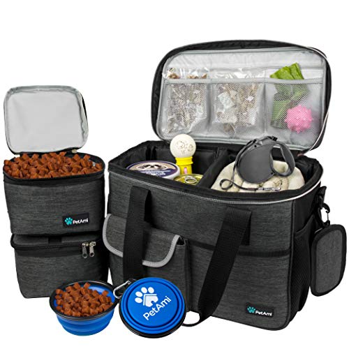 PetAmi Dog Travel Bag Organizer, Pet Travel Kit with 2 Food Containers & 2 Collapsible Dog Bowls, Pet Supplies Tote with Luggage Sleeve, Weekend Road Trip Camping Essentials, Dark Gray, Medium - color: Charcoal, size: Medium - 14.5"L x 8"W x 12.0"H