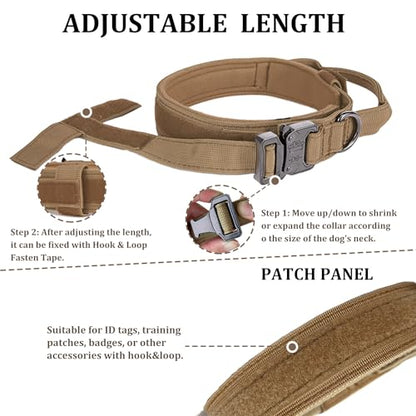 Tactical Dog Collar with Handle - Military Adjustable Dog Training Collar Soft Nylon and Heavy Duty Metal Buckle for Medium Large Dogs - with Patch (Brown, Large) - color: Brown, size: Large