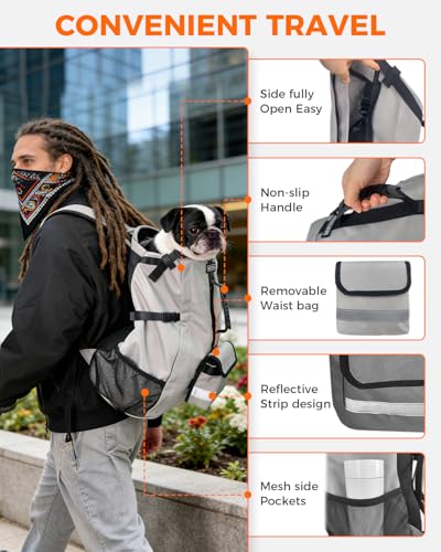 Waterproof Dog Backpack Carrier for Small Dogs Under 24 lb, Grey | 4-Layer Protection, Adjustable Dog Hiking Backpack with Storage Pockets, Reflective Strips, Non-Slip Handle for Travel - size: 10.2"L x 6.6"W x 21.2"H