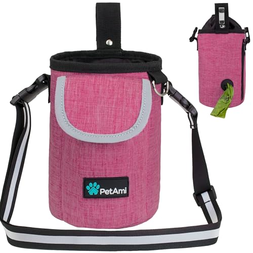 PetAmi Dog Treat Pouch, Large 3-Cup Dog Training Treat Bag with Poop Bag Dispenser, Hands-Free Waist Belt & Crossbody Strap, Reflective with Multiple Pockets & Belt Clip (Pink) - color: Pink