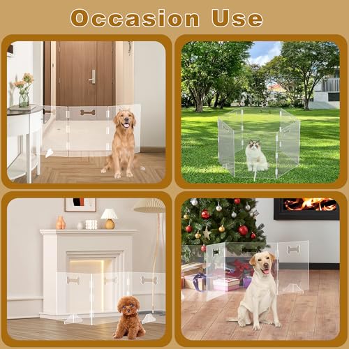 Clear Acrylic Dog Gate, 6 Panel 120" W x 24" H, Transparent Freestanding Pet Playpen Indoor, Foldable Pet Fence Barrier for Doorway with Handle/Support Feet - size: 6 Panel 120" W x 24" H
