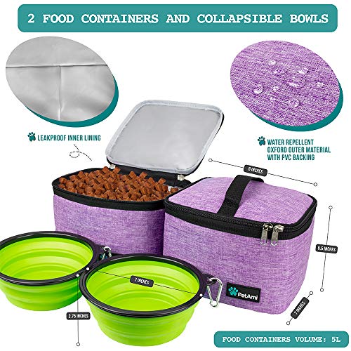 PetAmi Dog Travel Bag Organizer, Pet Travel Kit with 2 Food Containers & 2 Collapsible Dog Bowls, Pet Supplies Tote with Luggage Sleeve, Weekend Road Trip Camping Essentials, Purple, Large - color: Purple, size: Large - 15.5"L x 9.5"W x 14.0"H