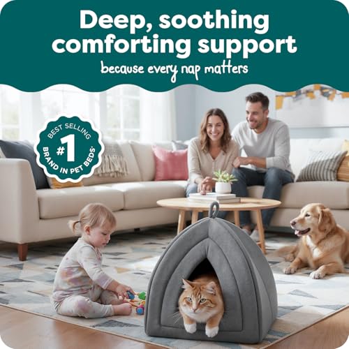 FurHaven Cat Bed Cave for Indoor Cats & Small Dogs, Washable & Foldable Pet Tent with Removable Cushion, Small, Polar Fleece, Heather Gray
