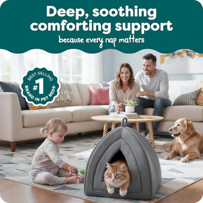 FurHaven Cat Bed Cave for Indoor Cats & Small Dogs, Washable & Foldable Pet Tent with Removable Cushion, Small, Polar Fleece, Heather Gray