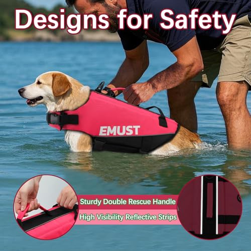 EMUST Dog Life Vests, Adjustable XS Dog Life Jacket with Rescue Handle, Puppy Flotation Vest for Small/Medium/Large Dogs, Rosepink, XS - color: Rose Pink, size: XS