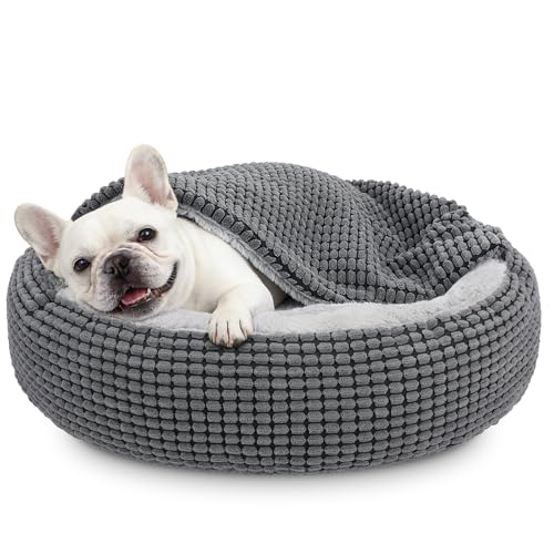 Dog Bed with Attached Blanket for Small Dogs or Cats, Soft Plush Cozy Donut Cuddler Hooded Pet Beds Washable. Round Puppy Bed Orthopedic, Calming Cat Cave Bed. Anti-Slip Bottom 26inch - color: Grey, size: M(26''x26''x8'')