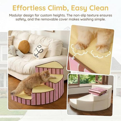 Curved Dog Stairs for Small Dogs & Cats – Pet Steps with Non-Slip Textured Surface, Removable Washable Cover & High-Density Foam(Pink,3-Step) - color: Pink, size: 3-Step