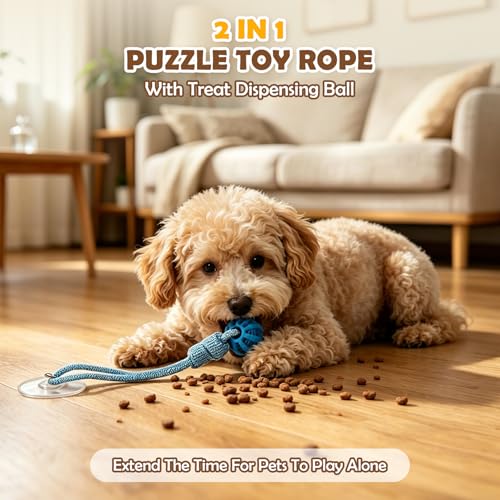 2PCS Dog Tug of War Toy with Suction Cup, Interactive Dog Toy, Pet Cotton Rope with Treat Food Dispensing Ball, Puppy Teething Toys for Chewers