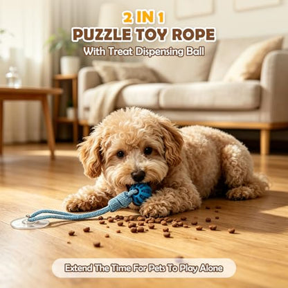 2PCS Dog Tug of War Toy with Suction Cup, Interactive Dog Toy, Pet Cotton Rope with Treat Food Dispensing Ball, Puppy Teething Toys for Chewers