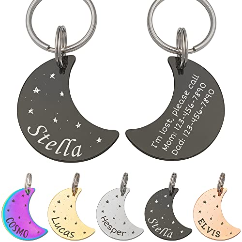 Anavia Starry Sky Theme Pet ID Tags in Half Moon & Star Shape, Personalized Dog Name Tag Cat Tag, Glossy Stainless Steel Gold Plated Black Rainbow Dog Collar Tag (Medium, Moon Shape, Black) - color: Black, size: Medium, style: Moon Shape