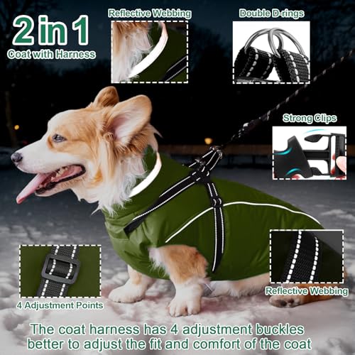 Fragralley Dog Coat with Harness Built in, Waterproof Windproof Reflective Warm Puffer Jacket, Fleece Lined Vest Winter Parka for Small, Medium, Large Dogs - color: Green, size: Large
