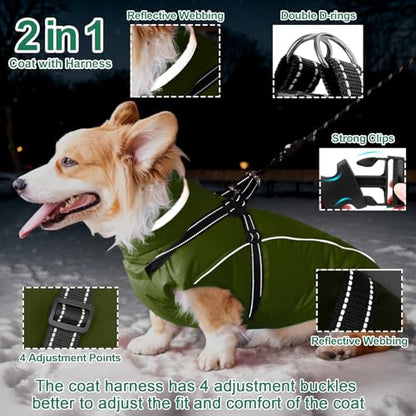 Fragralley Dog Coat with Harness Built in, Waterproof Windproof Reflective Warm Puffer Jacket, Fleece Lined Vest Winter Parka for Small, Medium, Large Dogs - color: Green, size: Small