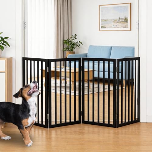 Dog Gate Indoor, Freestanding Dog Fence for The House, Doorways, Hallways,or Stairs,Pet Gate Foldable Wooden,Expandable 32" Height 4 Panels,Black - color: Black, size: 【4 Panels】80‘’w x 32''h