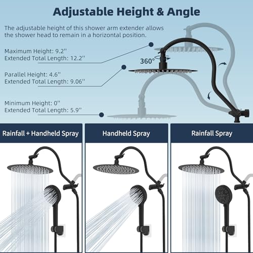 Hibbent All Metal CUPC Certified Shower Head, 10'' High Pressure Rainfall Shower Head, Handheld Showerhead Combo with 12'' Adjustable Extension Arm, 10-Spray, 71'' Hose, Shower Holder, Matte Black - color: Matte Black, style: Round 10''