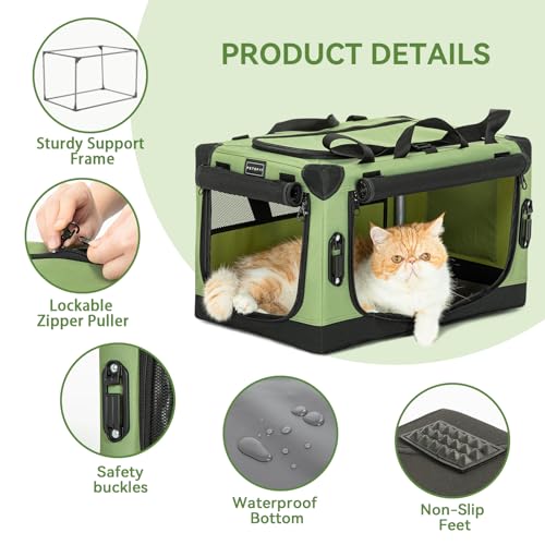 PETSFIT 부드러운 반려견 크레이트, 안전 벨트 부착 버클 및 두꺼운 매트가 있는 강아지 자동차 크레이트, 특허받은 조절 가능한 튼튼한 프레임, 휴대용 및 접이식 고양이 크레이트 강아지 캐리어 켄넬, 그린 50.8cm(20인치)