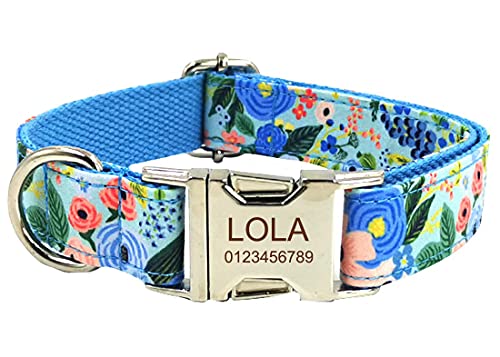 Personalized Dog Collar, Custom Engraving with Pet Name Phone Number ID Tag for Small Medium Large Breeds - color: Blue Midsummer Garden, size: XS(length 9"-12")