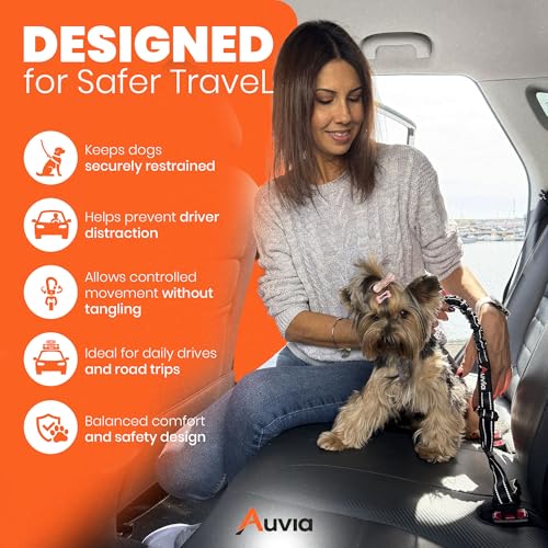 Dog Car Seat Belt for Vehicle Safety, Adjustable Dog Seat Belt Tether with Bungee Stretch, Seat Belt Clip & Headrest Loop, Includes Collapsible Travel Dog Bowl 350ml, Black/Orange