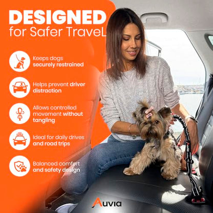 Dog Car Seat Belt for Vehicle Safety, Adjustable Dog Seat Belt Tether with Bungee Stretch, Seat Belt Clip & Headrest Loop, Includes Collapsible Travel Dog Bowl 350ml, Black/Orange