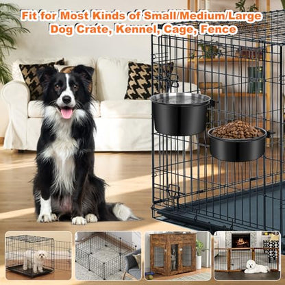 No Spill Water Bowl for Dogs, Sturdy Stainless Steel Dog Dishes 2 Pack with Dog Bowl Holder Hanging on Pet Cage Kennel Crate, Detachable Metal Food/Water Bowl Set for Medium/Large Dogs - color: Black