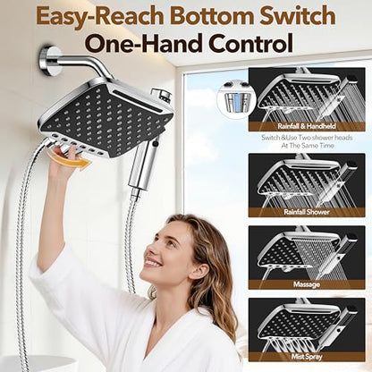 JDO High Pressure Rain Shower Head with Handheld Spray, 7 Modes Dual Shower Head Combo, 10 Inch Rainfall Showerhead Detachable, Power Wash for Bathroom Cleaning - color: Chrome
