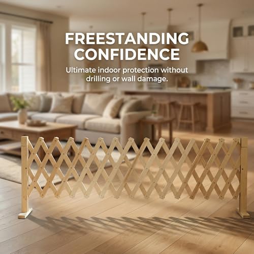 Adjustable Freestanding Wooden Pet Gate for Doorways & Stairs - Pressure Mounted Short Dog Gate, 15in Tall Freestanding Gate Expands 14 to 49in Wide for Dogs and Cats