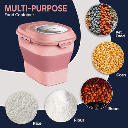 Dog Food Storage Container 30-35 lb, Airtight Collapsible Cute Dog Food Container with Wheels & Scoop, Stackable Pet Food Storage Container for Dog & Cat Food - color: Pink