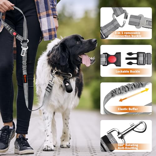Removable Dog Seat Belt Harness for Car, 3 in 1 Pet Dog Car Seatbelt Leash, Retractable Restraint Secures to Vehicle Headrest & Adjustable Reflective Bungee Dog Seatbelt Tether, Grey - color: Black+Grey