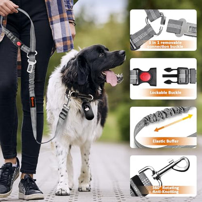Removable Dog Seat Belt Harness for Car, 3 in 1 Pet Dog Car Seatbelt Leash, Retractable Restraint Secures to Vehicle Headrest & Adjustable Reflective Bungee Dog Seatbelt Tether, Grey - color: Black+Grey