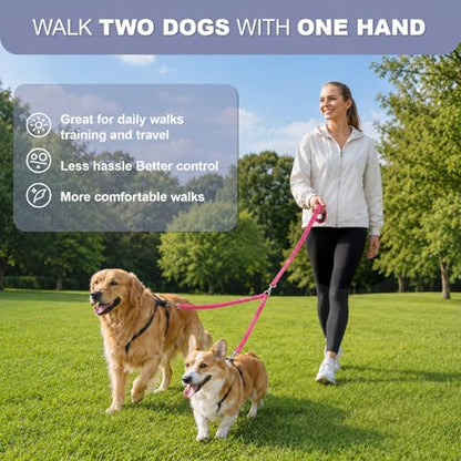 Double Dog Leash for Two Dogs, Complete Set with 31.5" Main Leash + Adjustable Splitter, Padded Handle, D-Ring, 360° Swivel, Shock-Absorbing Bungee, Reflective for Small Medium Large Dogs (Pink) - color: Pink
