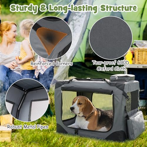 Giantex Folding Soft Dog Crate, 28 Inch Foldable Portable Dog Kennel for Medium Dogs up to 35 lbs, Collapsible Soft-Sided Pet Travel Crate with 5-Sided Mesh, 3 Doors, Washable Mat & Storage Pockets - size: 28.0"L x 21.0"W x 21.0"H