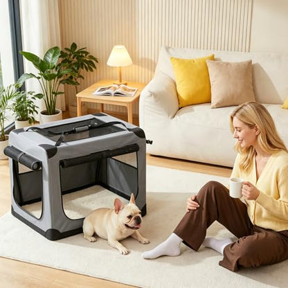 42 Inch Soft Dog Crate Collapsible 3-Door Travel Kennel for Large Dogs Indoor Outdoor Car Use, with Portable Fleece Bed, Side Pocket & Safety Zippers - size: XXL 42x28x28''