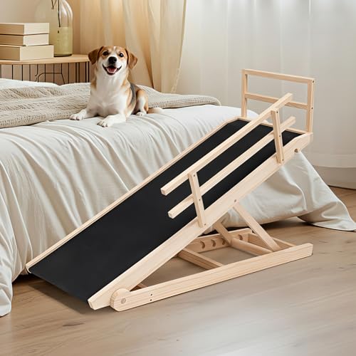 SLSY Dog Ramp for Bed, Couch & SUV, Upgraded Folding Adjustable Pet Ramp with Non-Slip Rubber Mat, 45.2" Long, 5 Heights 15.7''–23.6", Portable Wooden Step Supports up to 200 lbs for Pet(Natural) - color: Natural, size: M for 23.6''H Bed