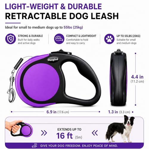 Heavy Duty Retractable Dog Leash-16ft Strong & Durable Walking Leash for S to L Dogs up to 45/115 lbs, Upgraded Lock System, Non Slip Grip, Tangle Free (Purple, Small/Medium) - color: Purple, size: Small/Medium