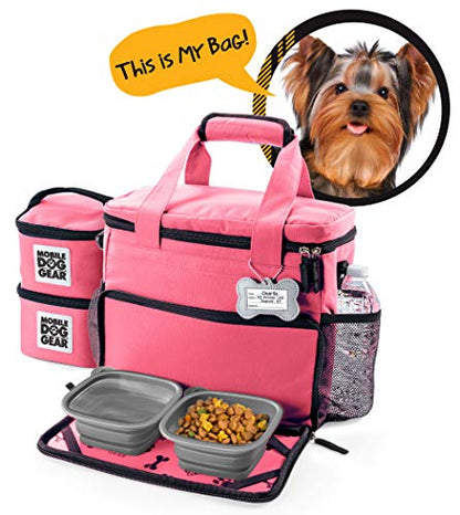 Mobile Dog Gear, Week Away Dog Travel Bag for Small Dogs, Includes Lined Food Carriers and 2 Collapsible Dog Bowl, Pink - color: Pink, size: Small