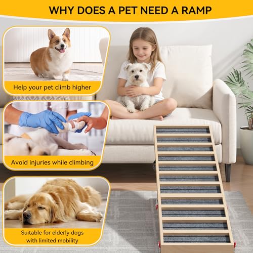 Dog Ramp for Bed, Couch, Car-55 L Gentle Slope Folding Pet Ramp with Non-Slip Surface and Metal Reinforced-High Traction,4 Adjustable Heights 18"-25", Supports 176lbs for Small Medium Large Dogs - size: 55"L