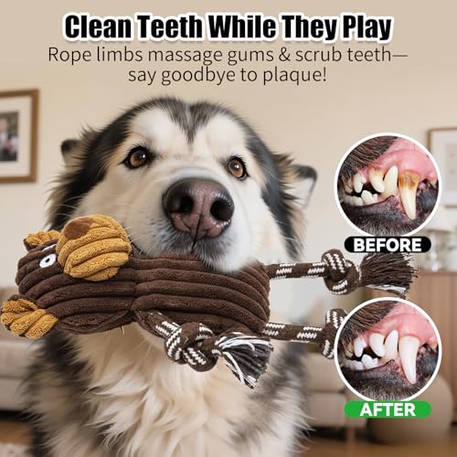 5 pack Large dog Squeaky Toys,Tough Stuffed Plush dog chew Toys Assortment ,Durable plush Animal dog Toys with Tug of War Rope to Keep Them Busy, Puppy Toys Value Bundle for Small Medium Large Dogs