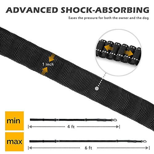 Fashion&Cool Heavy Duty Dog Leash Especially Large Dogs Up to 150lbs, 4-6 Ft Reflective Dog Walking Training Shock Absorbing Bungee Leash Car Seat Belt Buckle, 2 Padded Traffic Handle Extra Control - color: Black