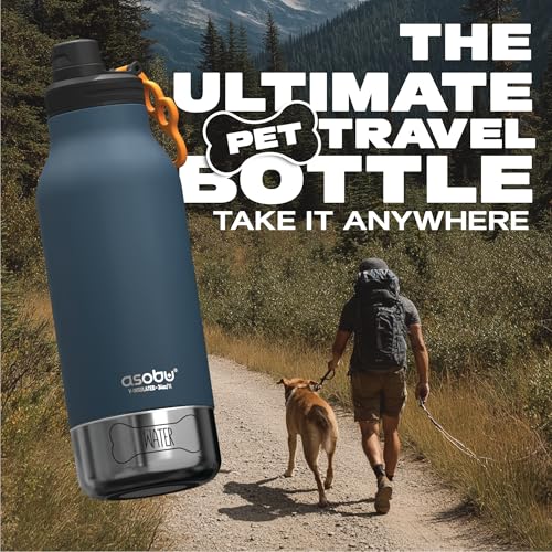 asobu Dog Barky Bottle - 음식, 간식 및 물을 위한 탈착식 강아지 그릇 2개가 있는 단열 스테인리스 스틸 물병 - 하이킹, 도로 여행 및 야외 모험을 위한 반려동물 친화적인 여행용 병 - color: 블루.